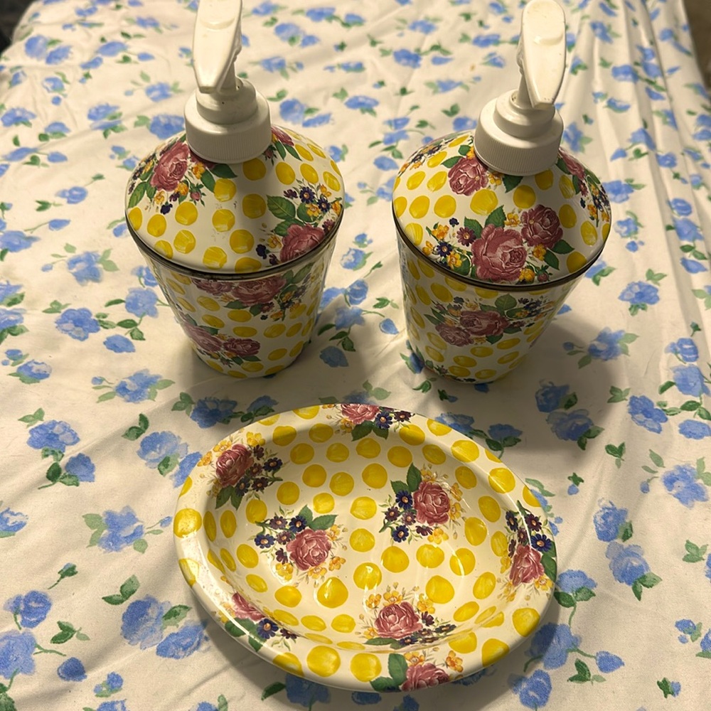 Retired, MacKenzie Childs Enamelware Buttercup Soap Dispensers set  & soap dish